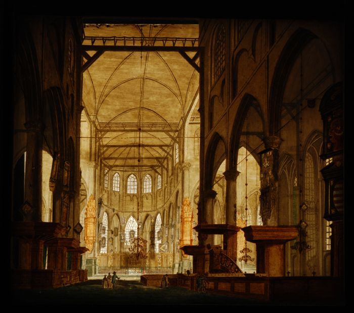 Perspectiefkastje van zwartgelakt hout met twee beschilderde glasplaten: interieur Sint Laurenskerk te Rotterdam