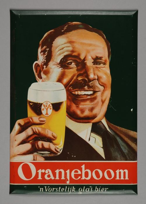 Rectangular billboard with image of a man holding up a glass of beer and caption "Oranjeboom 'n Regal glass of beer"